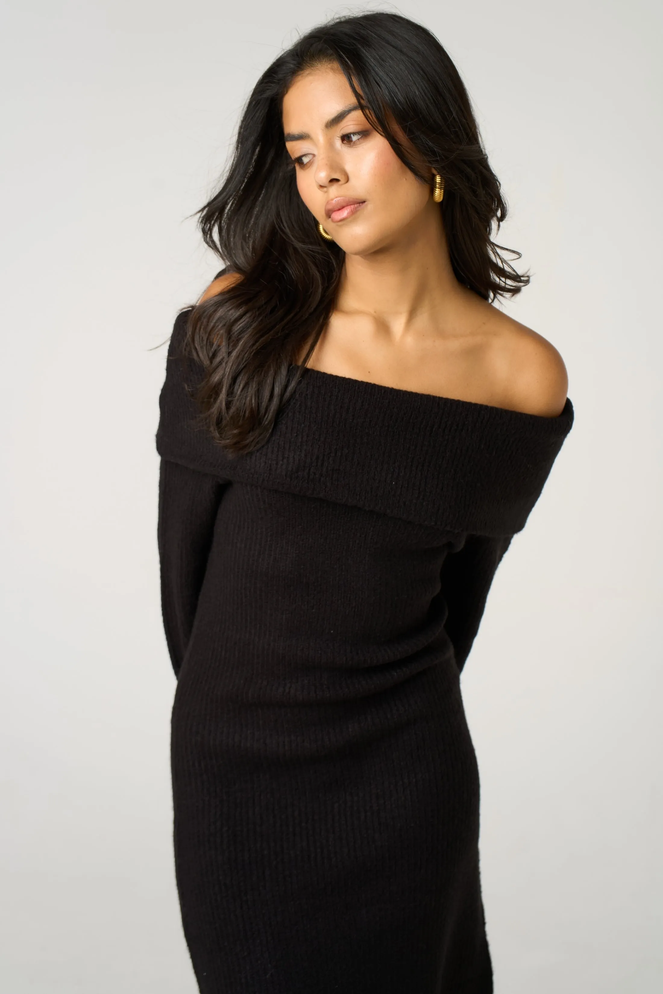 Black Bardot Neckline Ribbed Knit Mini Dress - Yalina sold by Femme Luxe product image thumbnail 5