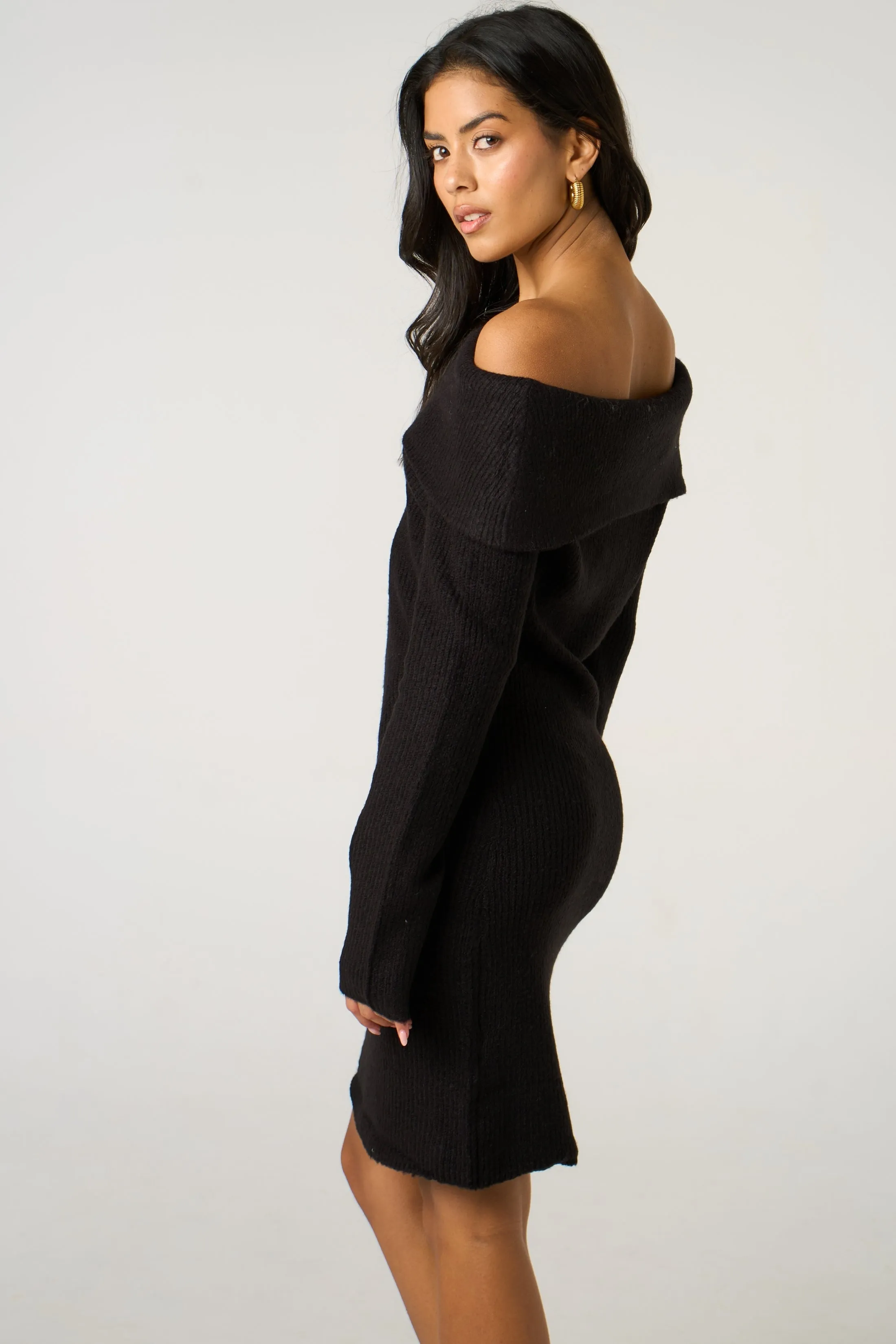 Black Bardot Neckline Ribbed Knit Mini Dress - Yalina sold by Femme Luxe product image thumbnail 2