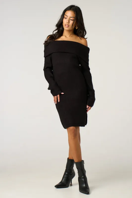 Black Bardot Neckline Ribbed Knit Mini Dress - Yalina made by Brave Soul