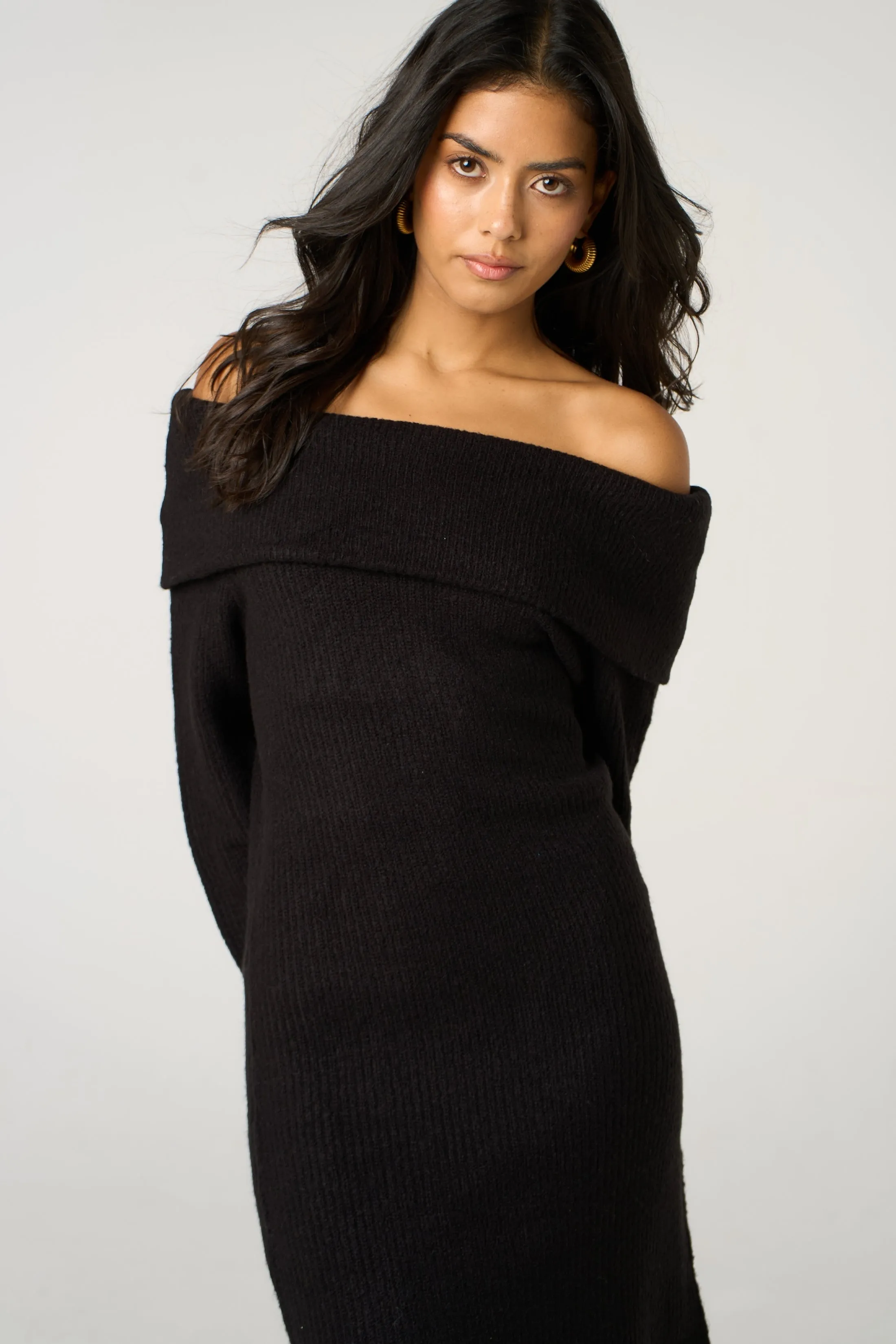 Black Bardot Neckline Ribbed Knit Mini Dress - Yalina sold by Femme Luxe product image thumbnail 3
