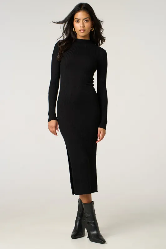 Black Ribbed Knitted Long Sleeve Skinny Maxi Dress - Tallara sold by Femme Luxe