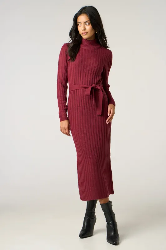Wine Roll Neck Ribbed Knitted Belted Midi Jumper Dress - Deliora sold by Femme Luxe