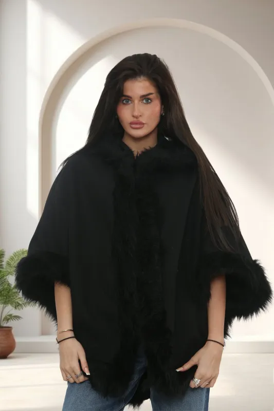 Black Faux Fur Trim Hooded Cape – Leah sold by Femme Luxe