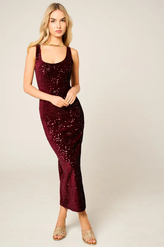 Wine Sequin Sleeveless Sparkly Bodycon Midi Dress - Romancia sold by Femme Luxe