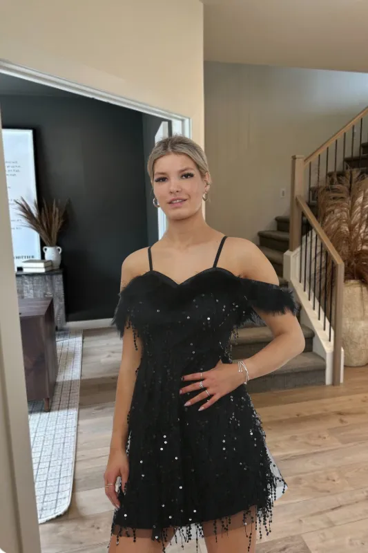 Black Sequin Feather Trim Off The Shoulder Mini Dress - Kaya sold by Femme Luxe