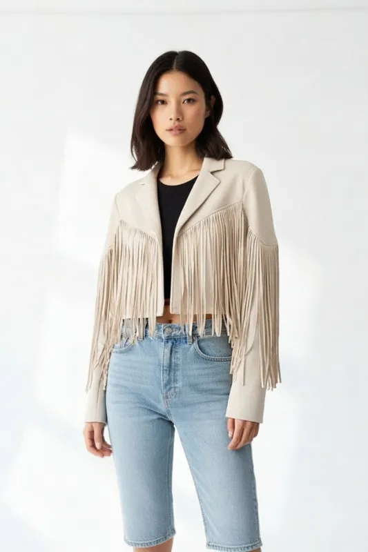 Beige Suede Tassel Detail Cropped Jacket – Layon sold by Femme Luxe