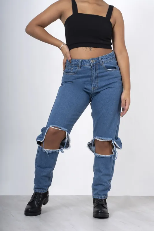 Blue Distressed Ripped Knee High Waist Jeans - Kiera sold by Femme Luxe