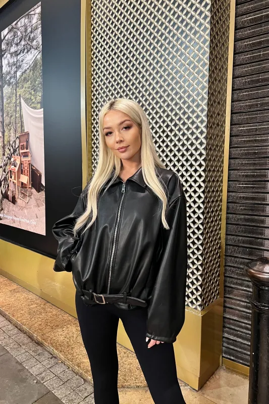 Black Oversized Faux Leather PU Biker Zip Up Moto Jacket - Rosavelle sold by Femme Luxe