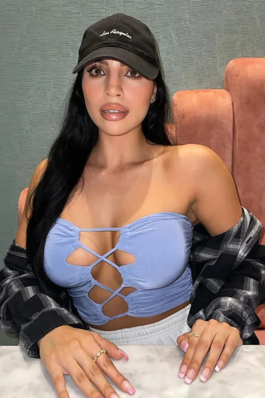 Blue Strapless Lace Up Cut Out Crop Top - Helen sold by Femme Luxe