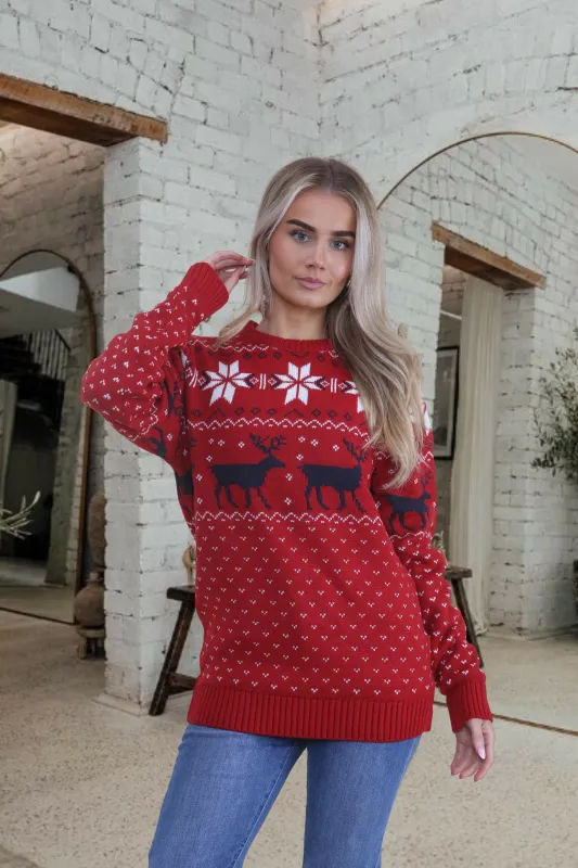 Red Reindeer & Snowflake Pattern Knitted Christmas Jumper - Talia sold by Femme Luxe