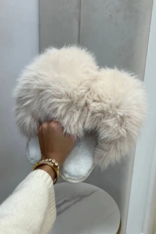 Beige Fluffy Faux Fur Slippers Soft Plush Indoor Mules- Ciona sold by Femme Luxe
