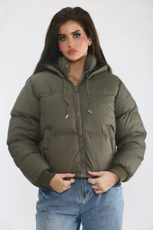 Khaki Hooded Drawstring Cropped Puffer Jacket - Stacey sold by Femme Luxe