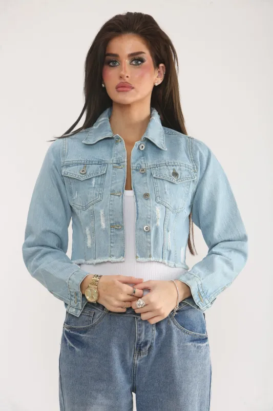 Light Blue Cropped Denim Jacket With Pockets - Desta sold by Femme Luxe