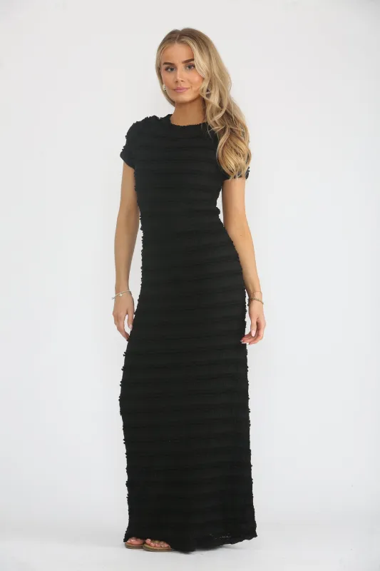 Black Round Neck Textured Cropped Top With Maxi Skirt Co Ord - Mariola sold by Femme Luxe