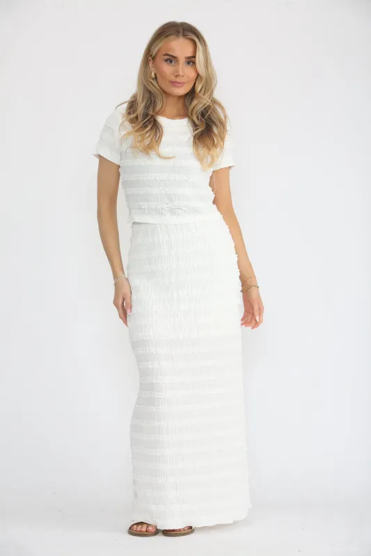 White Round Neck Textured Cropped Top With Maxi Skirt Co Ord - Mariola sold by Femme Luxe