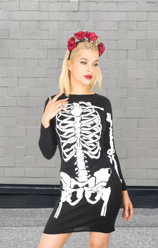 Black Petite Halloween Skeleton Long Sleeve Print T-Shirt Dress- Haina sold by Femme Luxe