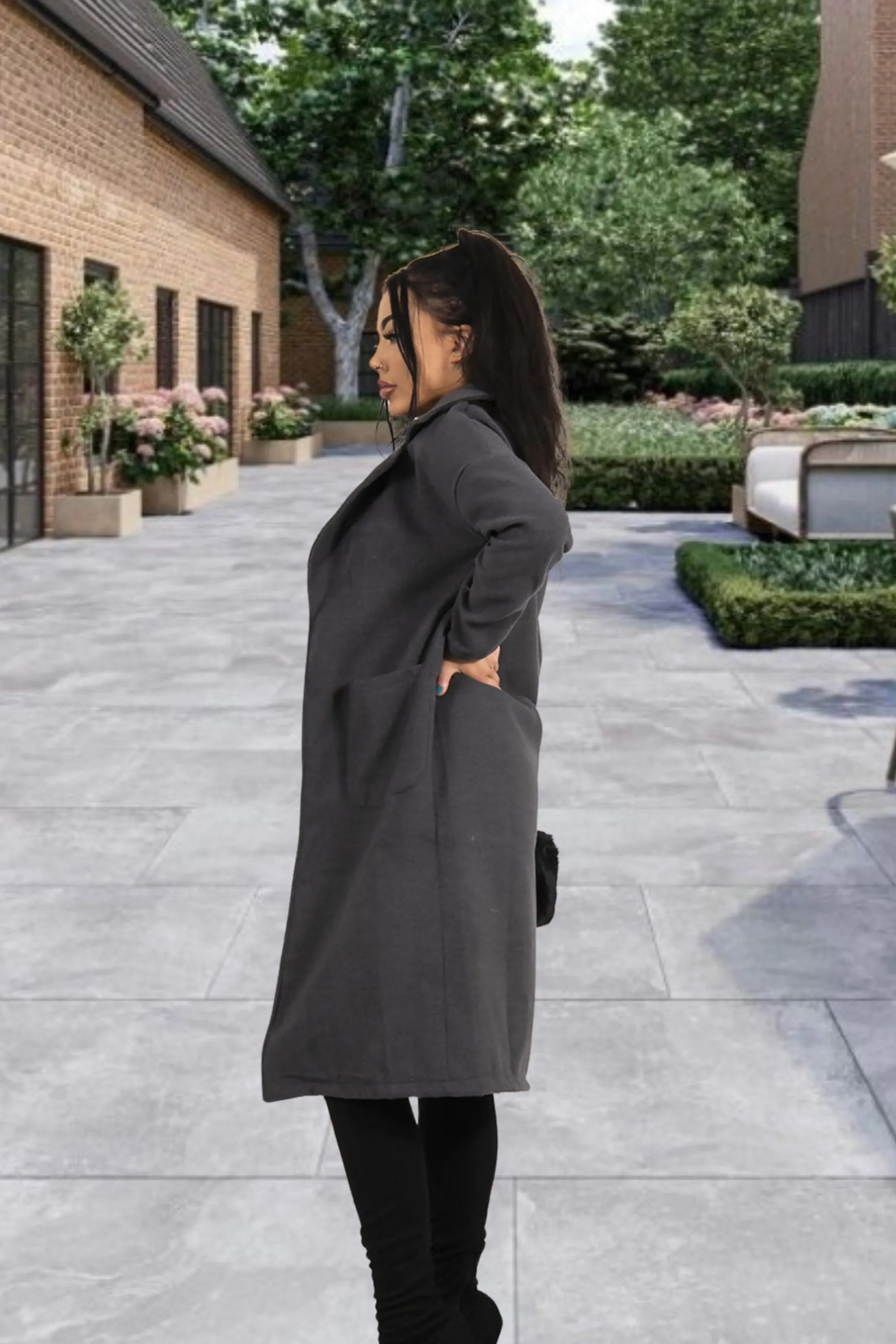 Charcoal Belted Longline Pocket Detail Waterfall Coat- Kimpton sold by Femme Luxe product image thumbnail 3