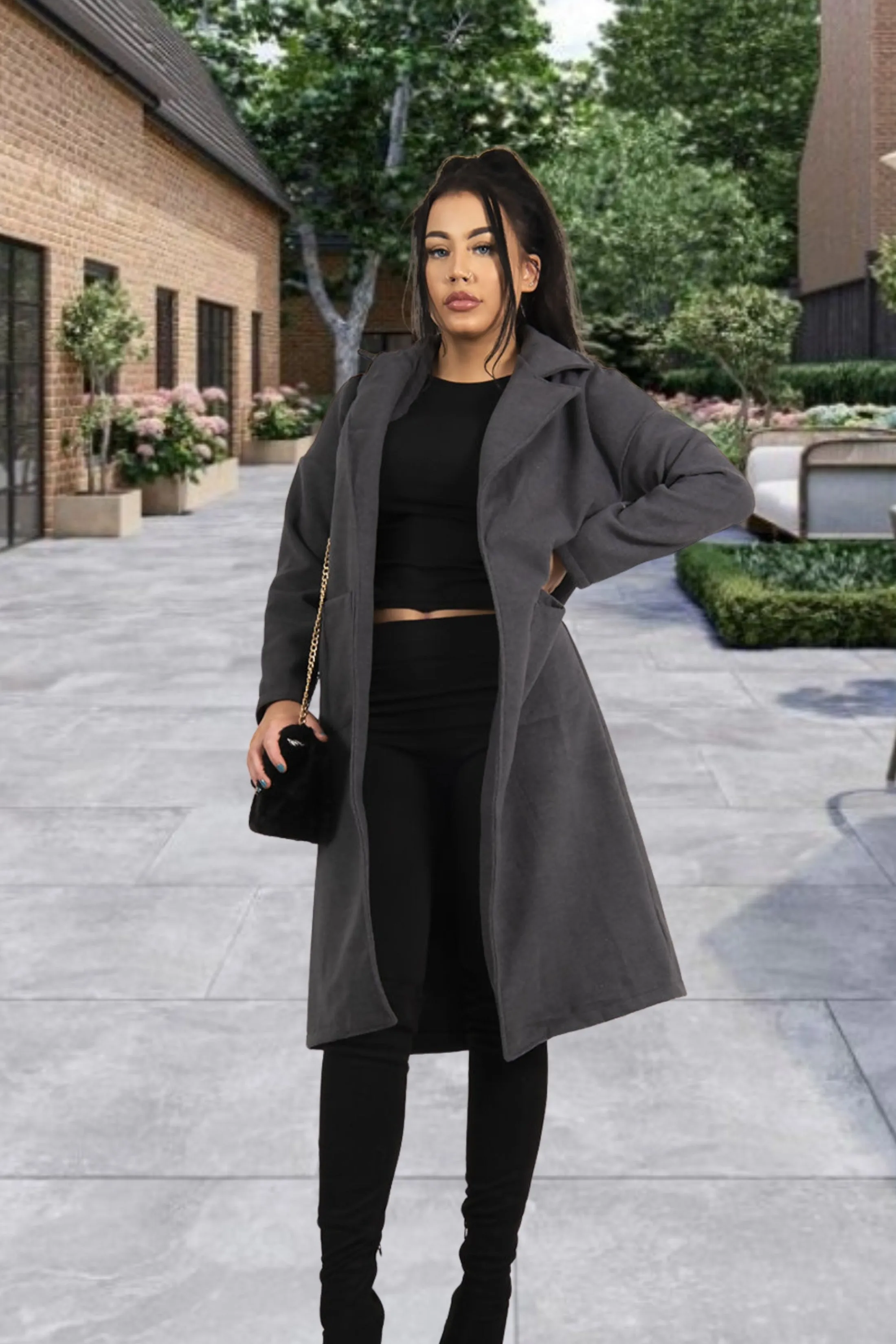 Charcoal Belted Longline Pocket Detail Waterfall Coat- Kimpton sold by Femme Luxe product image thumbnail 2
