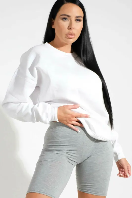 White Oversized Crew Neck Rib Cuff & Hem Long Sleeve Sweatshirt - Melanie sold by Femme Luxe