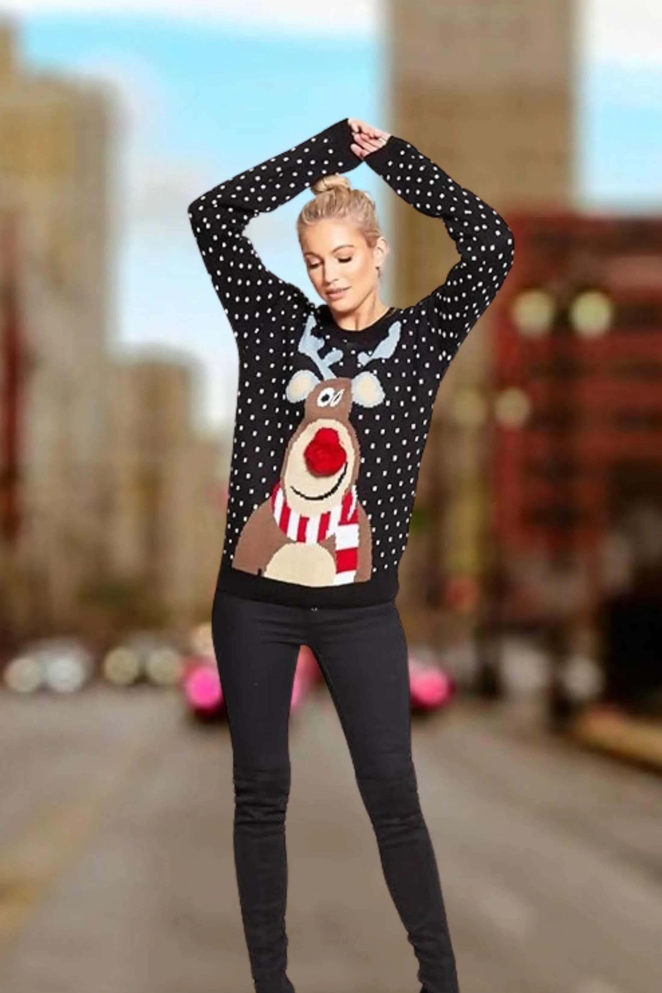 Black Polka Dot Reindeer Pom Pom Christmas Knit Jumper- Kinnse sold by Femme Luxe product image thumbnail 4