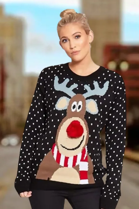 Black Polka Dot Reindeer Pom Pom Christmas Knit Jumper- Kinnse made by Femme Luxe
