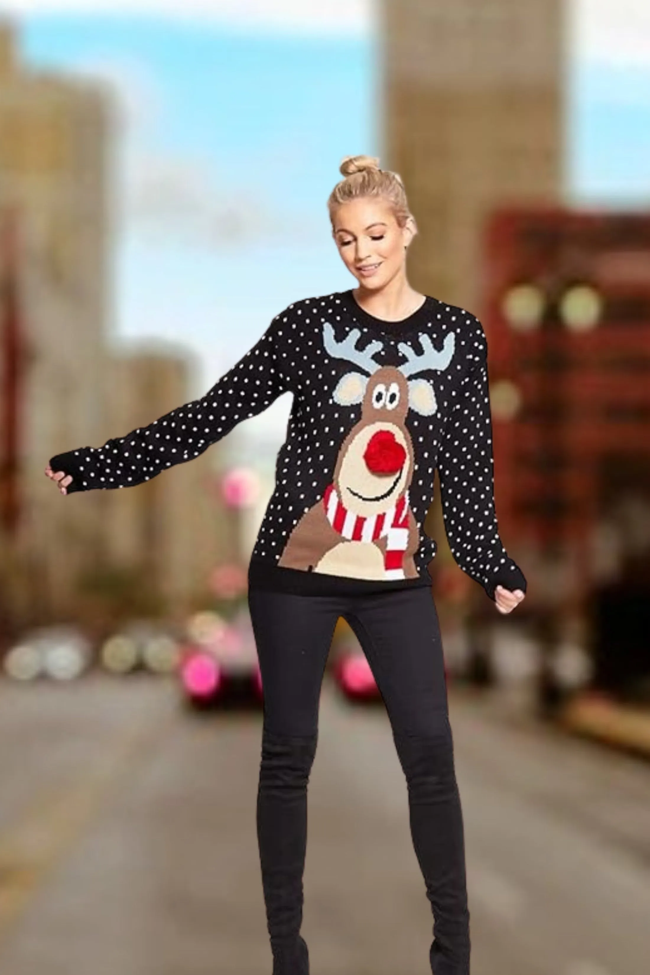 Black Polka Dot Reindeer Pom Pom Christmas Knit Jumper- Kinnse sold by Femme Luxe product image thumbnail 2