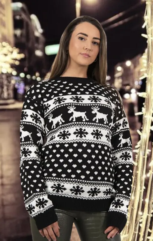 Black Reindeer And Snowflake Print Long Sleeve Knit Christmas Jumper - Holly made by Femme Luxe