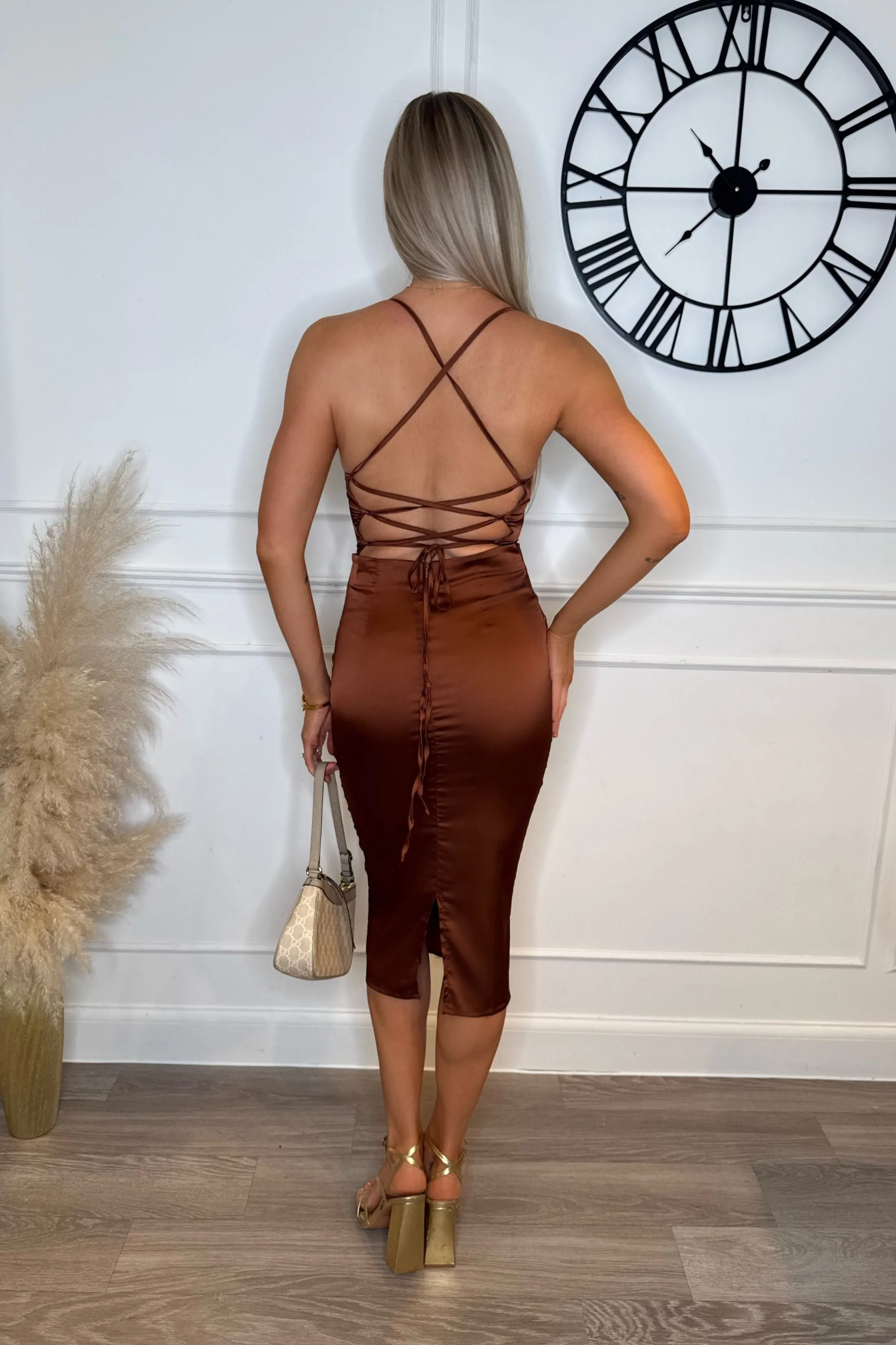 Chocolate Cowl Neck Satin Lace Up Back Strappy Bodycon Midi Dress - Marley sold by Femme Luxe product image thumbnail 2