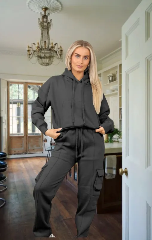 Charcoal Cropped Fleece Hoodie with Cargo Jogger Sweatpants Loungewear Set - Roshana sold by Femme Luxe