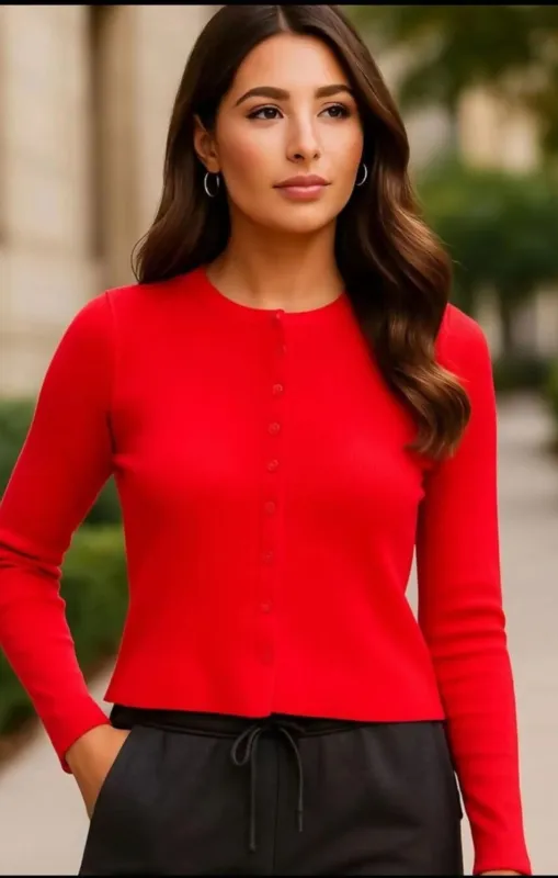 Red Ribbed Molly Button Through Top - Rosita sold by Femme Luxe