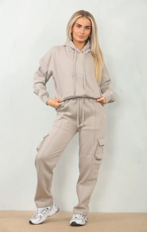 Dove Grey Cropped Fleece Hoodie with Cargo Jogger Sweatpants Loungewear Set - Roshana sold by Femme Luxe