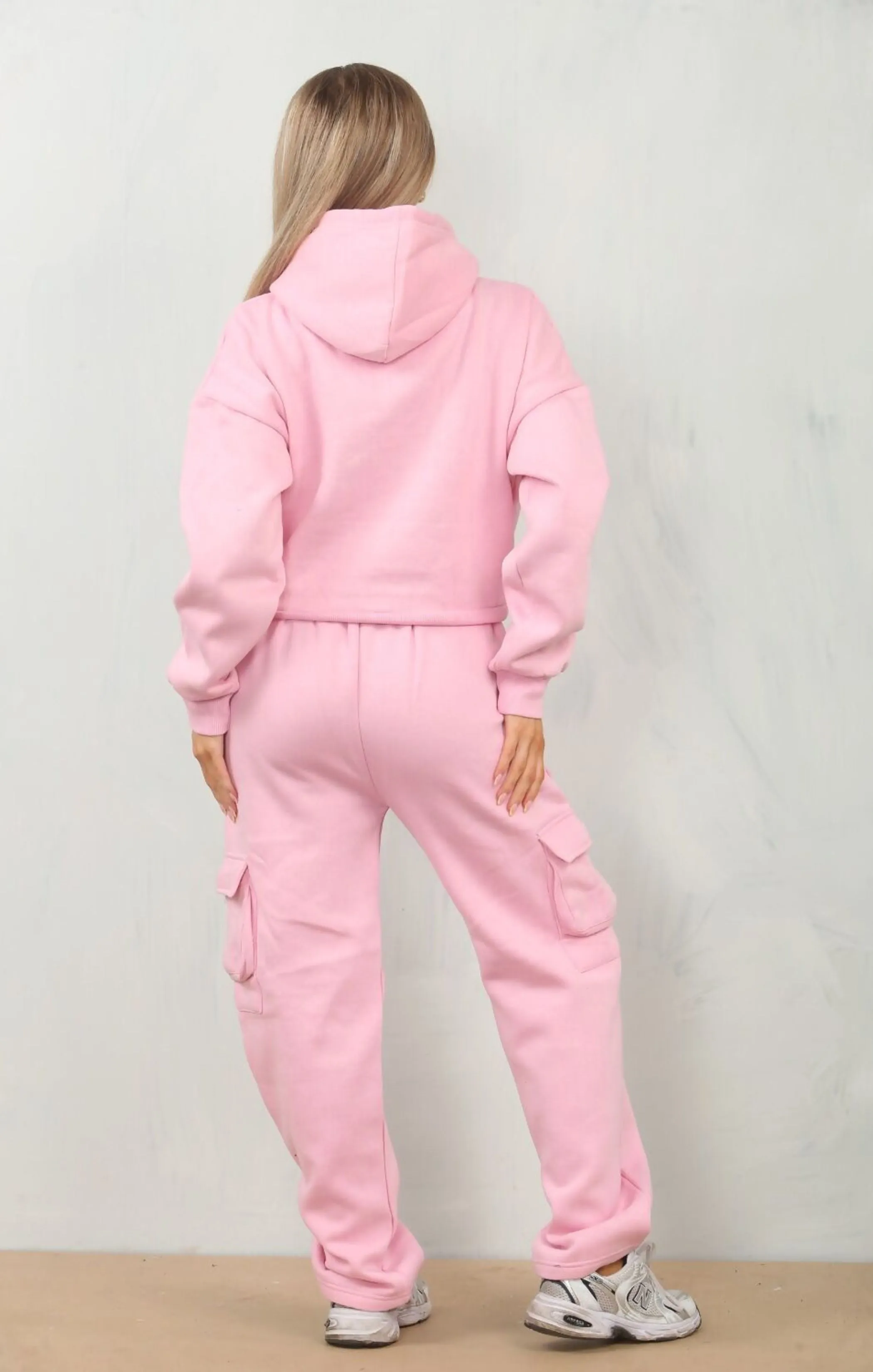 Pink Cropped Fleece Hoodie with Cargo Jogger Sweatpants Loungewear Set - Roshana sold by Femme Luxe product image thumbnail 4