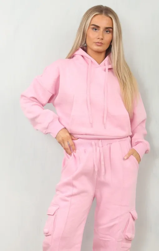 Pink Cropped Fleece Hoodie with Cargo Jogger Sweatpants Loungewear Set - Roshana sold by Femme Luxe
