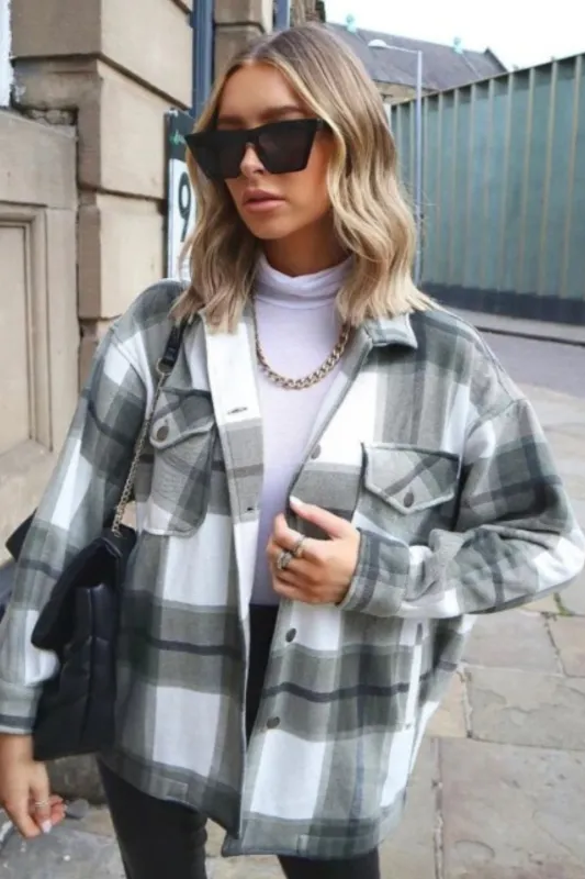 Khaki & White Oversized Check Print Pocket Shacket – Jimon sold by Femme Luxe