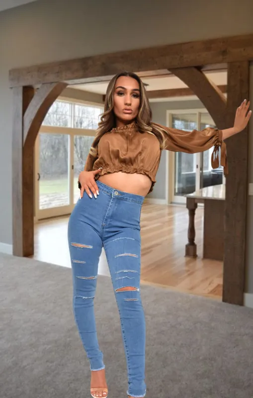 Blue Mid Distressed High Waisted Skinny Jeans – Brooke sold by Femme Luxe