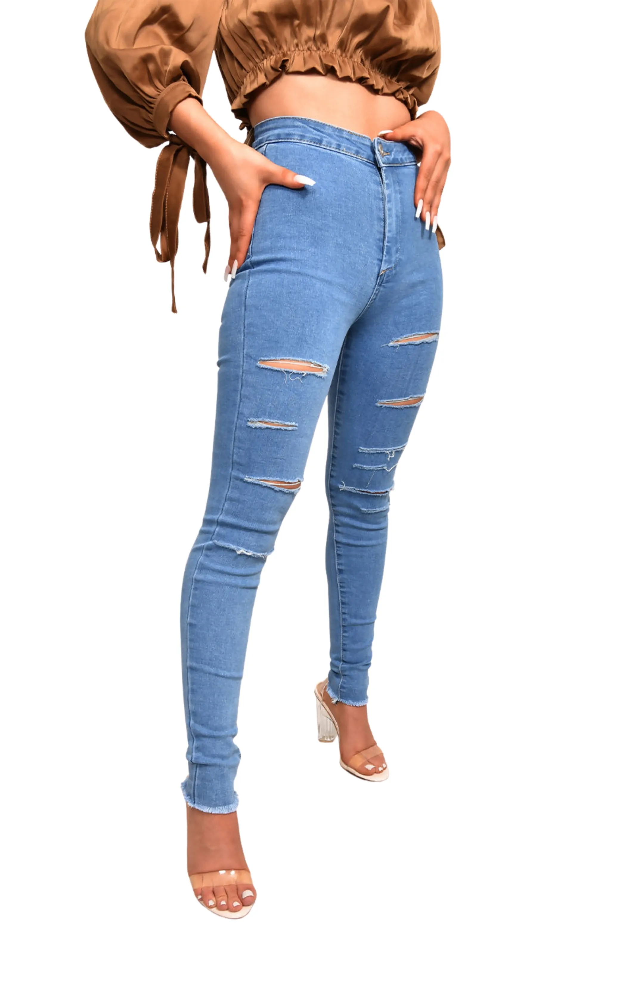 Blue Mid Distressed High Waisted Skinny Jeans – Brooke sold by Femme Luxe product image thumbnail 3