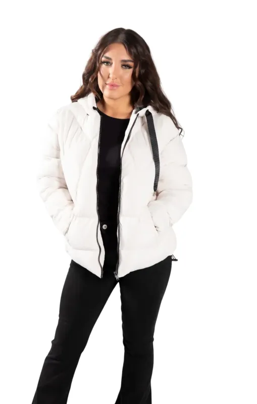 Beige Padded Zip Up Hooded Puffer Jacket - Riley sold by Femme Luxe
