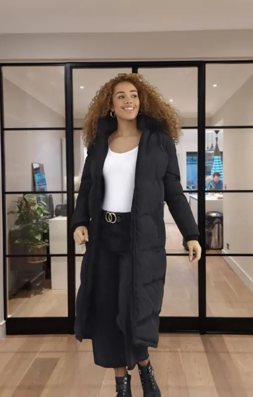 Black Longline Faux Fur Trim Puffer Jacket - Kiera sold by Femme Luxe