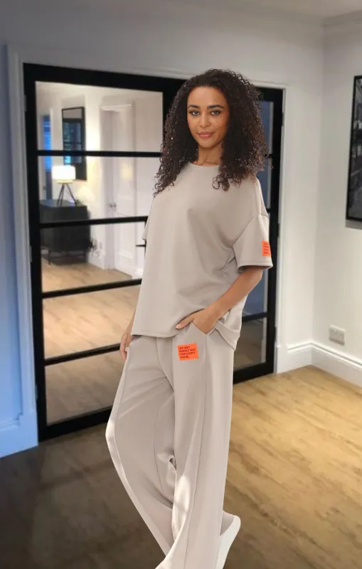Beige Oversized Relaxed Fit with Lengthy Tee and Wide-Leg Trousers-Arielle sold by Femme Luxe