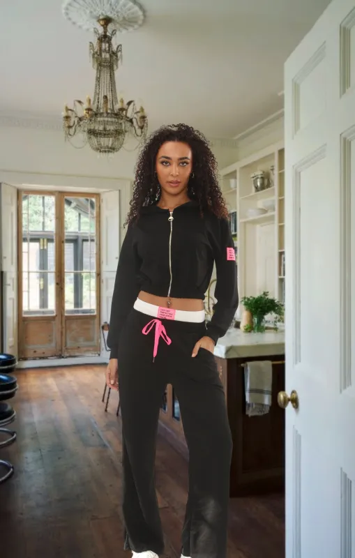 Black Cropped Zip-Up Hoodie with Wide Leg Joggers Statement Patch Loungewear Set – Zaria sold by Femme Luxe