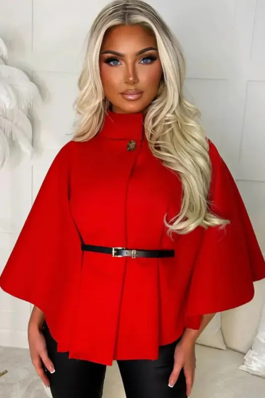 Red Belted High Neck Cape Coat - Vivienne sold by Femme Luxe