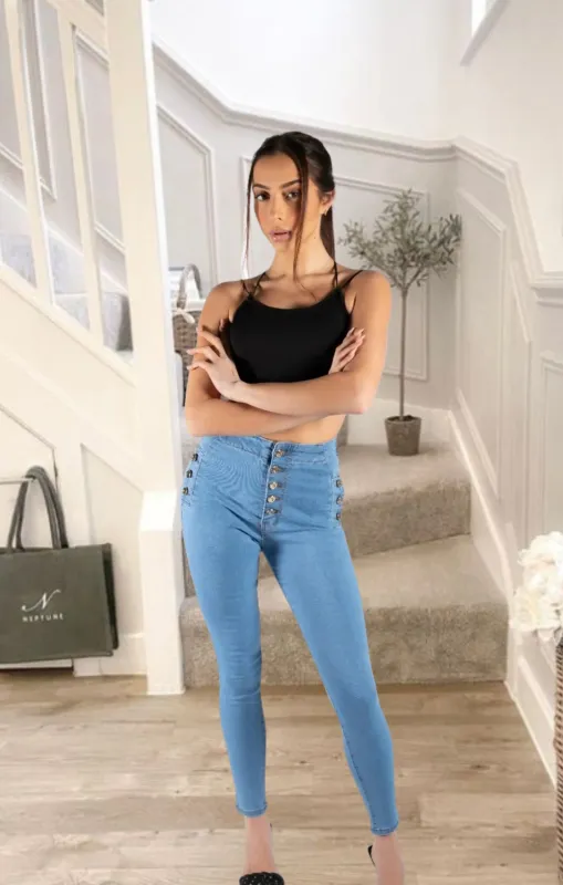 Light Blue High Waisted Button Detail Skinny Jeans – Mia made by Femme Luxe