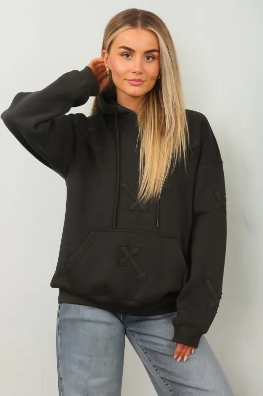 Black Oversized Crucifix Cross Embroidered Hoodie - Ronisa sold by Femme Luxe