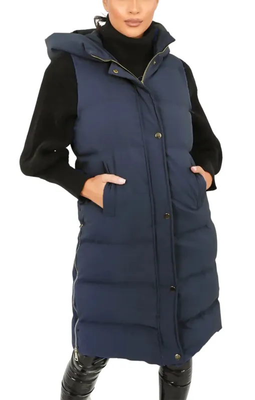Navy Sleeveless Longline Midi Zip Up Hooded Puffer Gilet - Terri sold by Femme Luxe