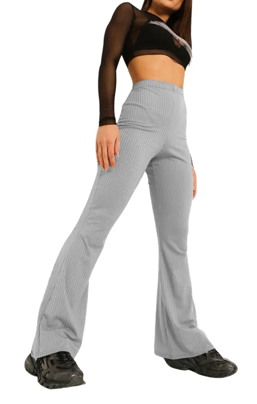 Grey Wide Ribbed Basic Flared High Waist Fit Trousers- Clara sold by Femme Luxe