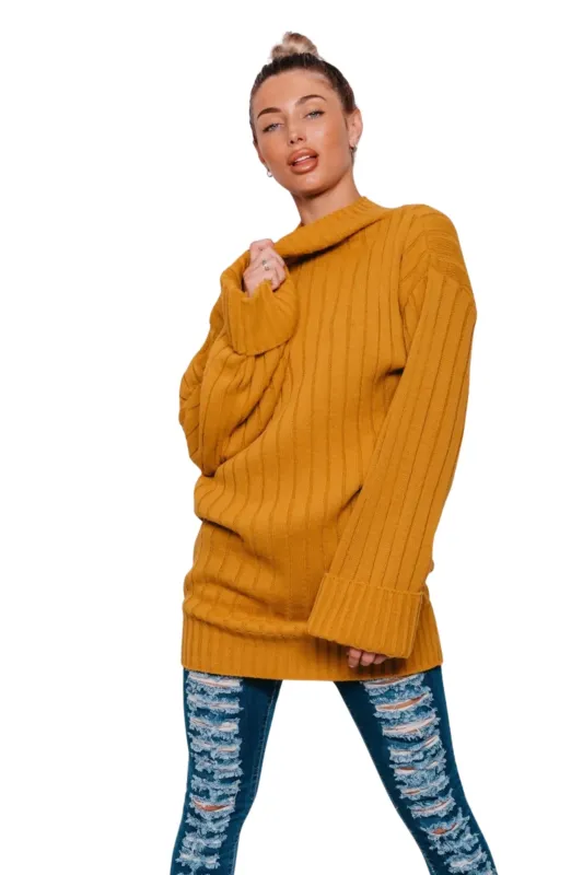 Mustard Ribbed Turtleneck Jumper with Long Sleeves- Simc sold by Femme Luxe