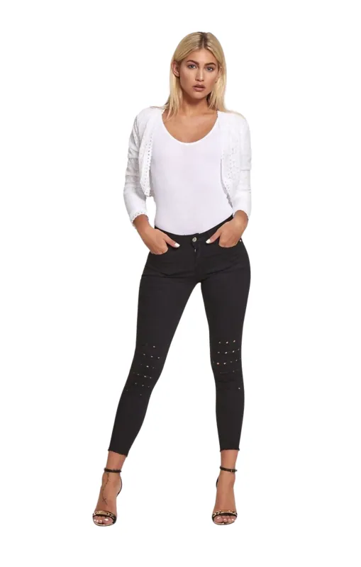 Black High Waisted Button Up Eyelet Detail Skinny Jeans - Flina sold by Femme Luxe