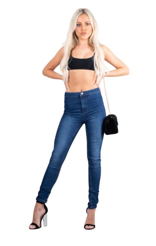 Dark Blue High Waisted Skinny Soft Touch Skinny Jean With Metal Button Detail - Victoria sold by Femme Luxe