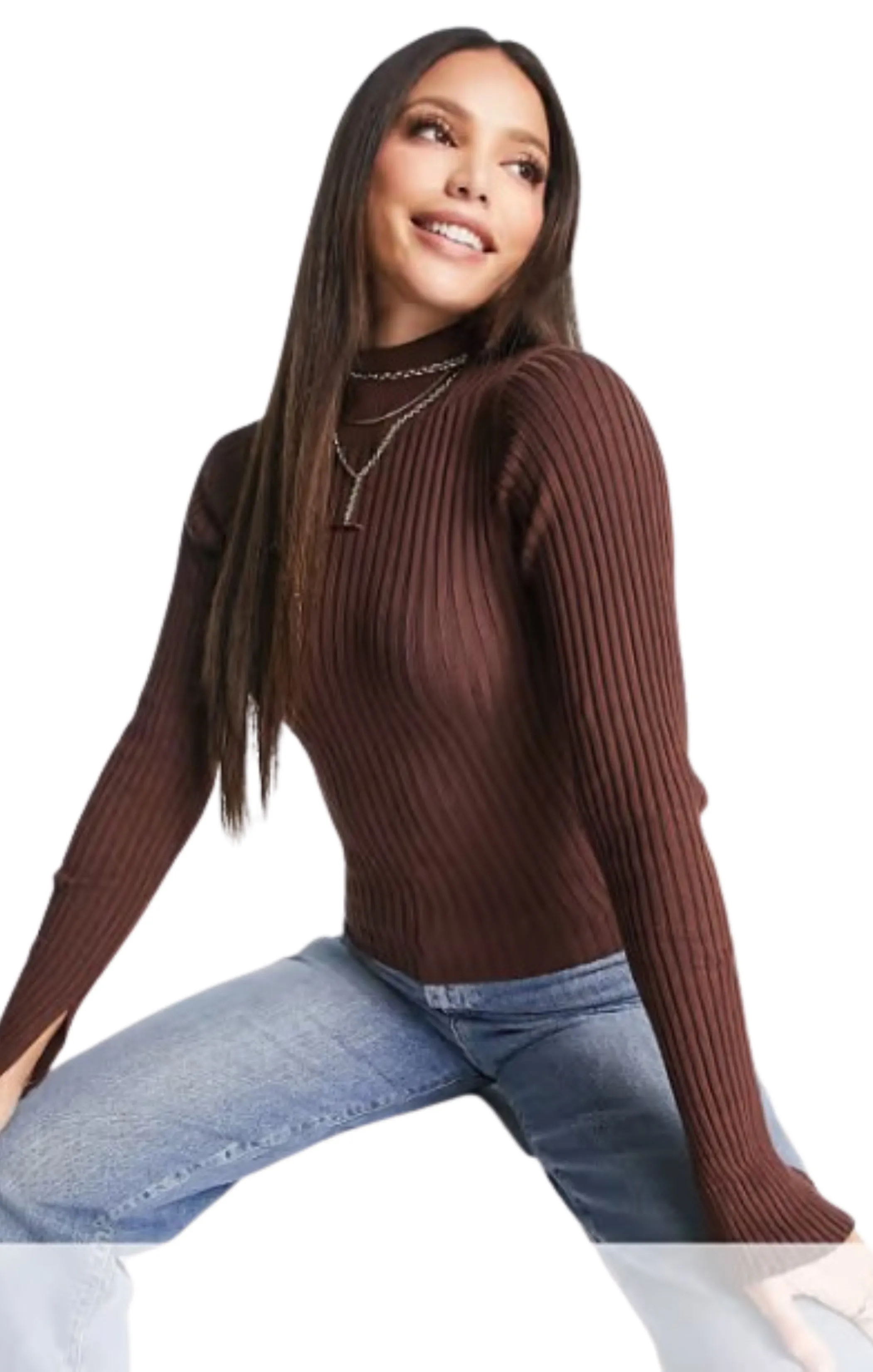 Brown Long Sleeve High Neck Ribbed Top – Orla sold by Femme Luxe