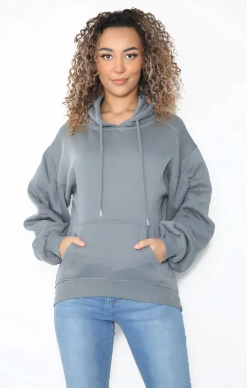 Dark Grey Oversized Ruched Sleeve Hoodie - Luella sold by Femme Luxe